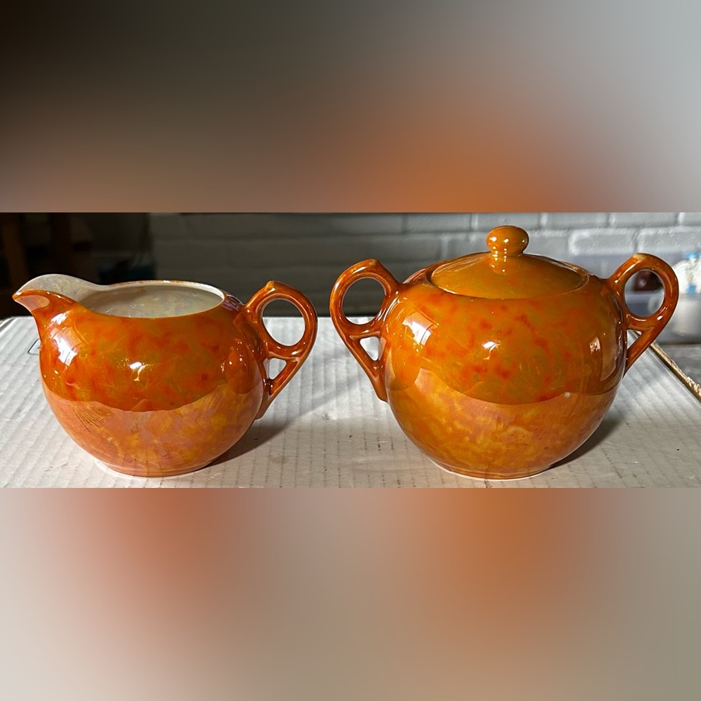 Vintage Orange Lusterware Creamer & Sugar bowl